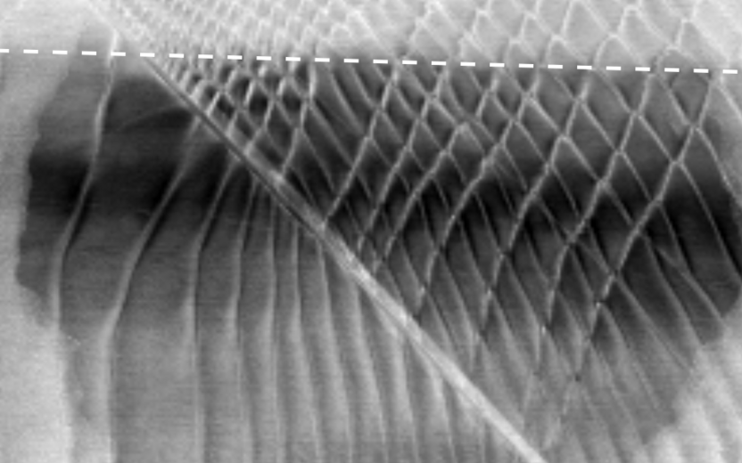 Microscopy of molybdenum disulfide showing how controlled strain applied above the dotted line with a patterned thin film generated different moiré geometries across the material. Above the dotted line, biaxial strain generated distorted hexagonal patterns, while uniaxial strain below the line formed stripe-like domains, resulting in localized electric polarization.