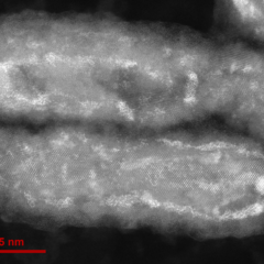 HAADF-STEM of Cu-Au Nanorods: Atomic resolution HAADF-STEM images of colloidally-synthesized Cu-Au nano rods.  Atomically precise synthesis and morphology control are essential to develop the catalysts of tomorrow.  ||  Submittedby: Ritwick Sinha  ||  Advisor: Yong L.Joo 