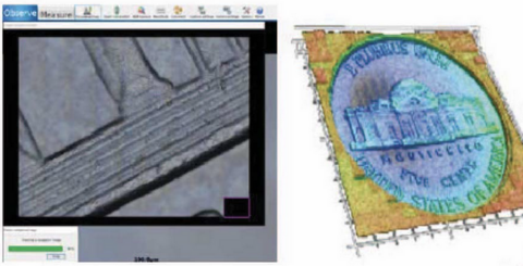 examples of optical profilometry, instrument top view, 3D stitched image of a coin